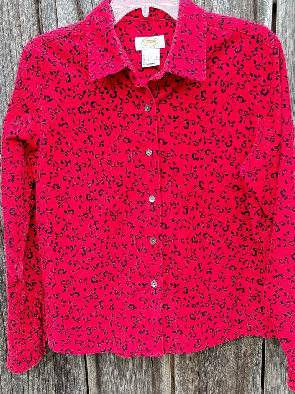 Talbots Red Corduroy Button-Down Shirt with Black Vine Print 100% Cotton Size M